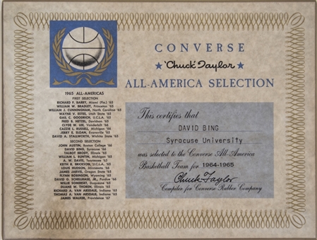 1964-65 Converse Chuck Taylor All-America Selection Award Certificate Presented To David Bing